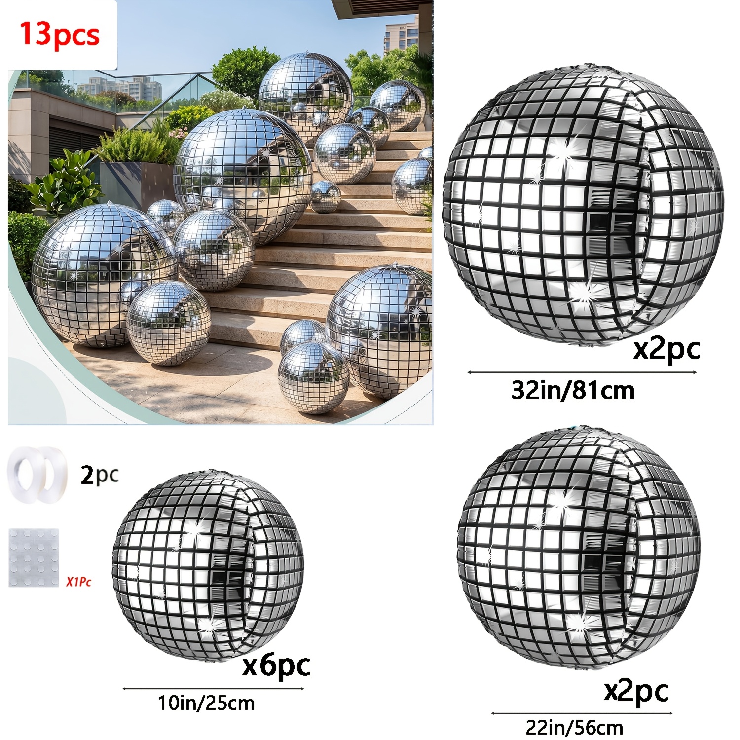 TEMU Set di 13 palloncini a forma di palla da discoteca argentata multiformato da 10 pollici/22 pollici/32 pollici, con nastri e additivi di colla,