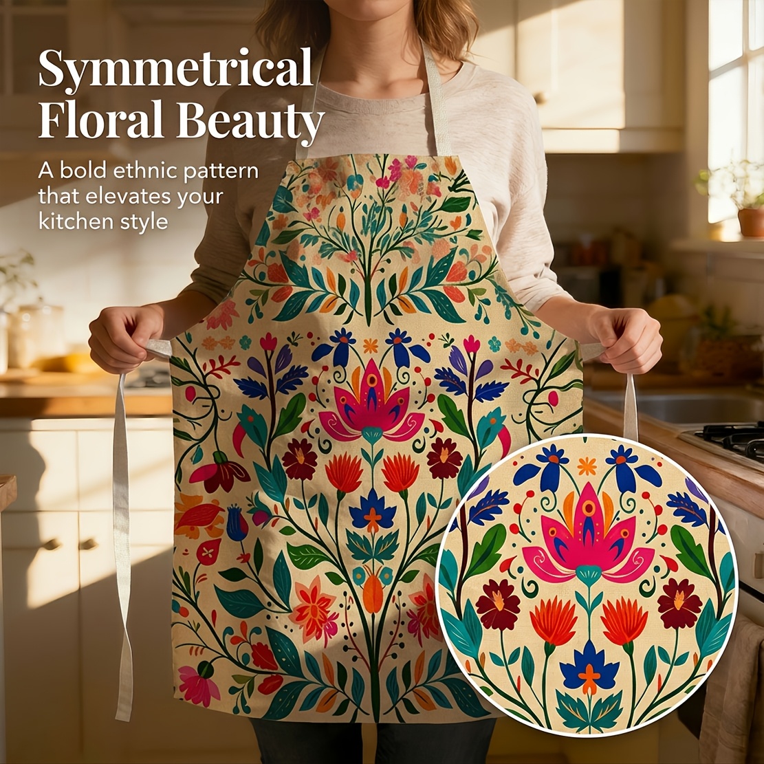 TEMU 1 Mexican Folk-style Apron â Durable And Comfortable Material Featuring Traditional Colorful Floral Patterns, Suitable For Men And Women. Ideal