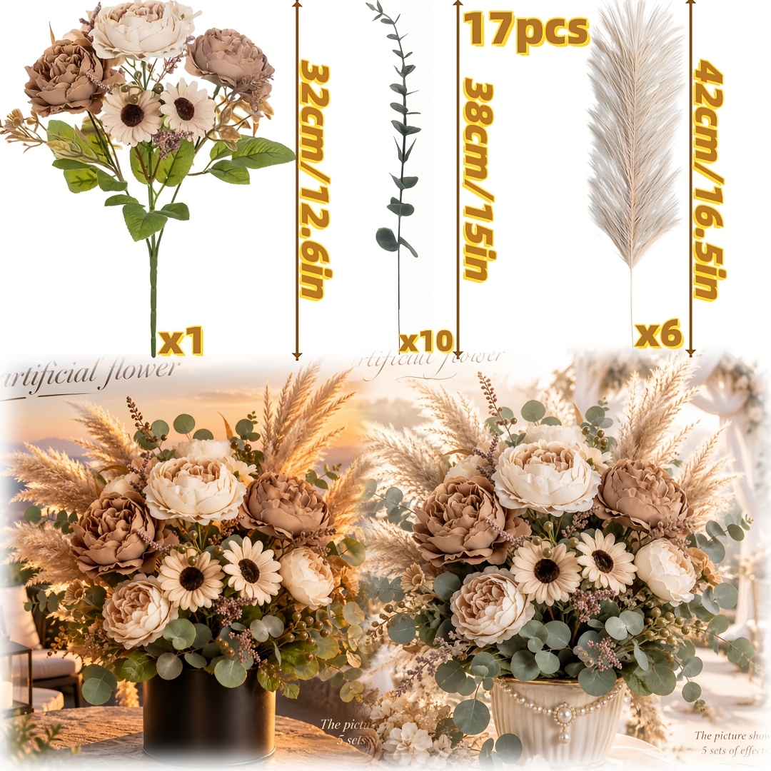 TEMU Bouquet With 1 Eucalyptus And 10 Brown Pampas Grass - 17pcs Premium Artificial Flowers, Christmas Decorations, Suitable For Courtyards, ,