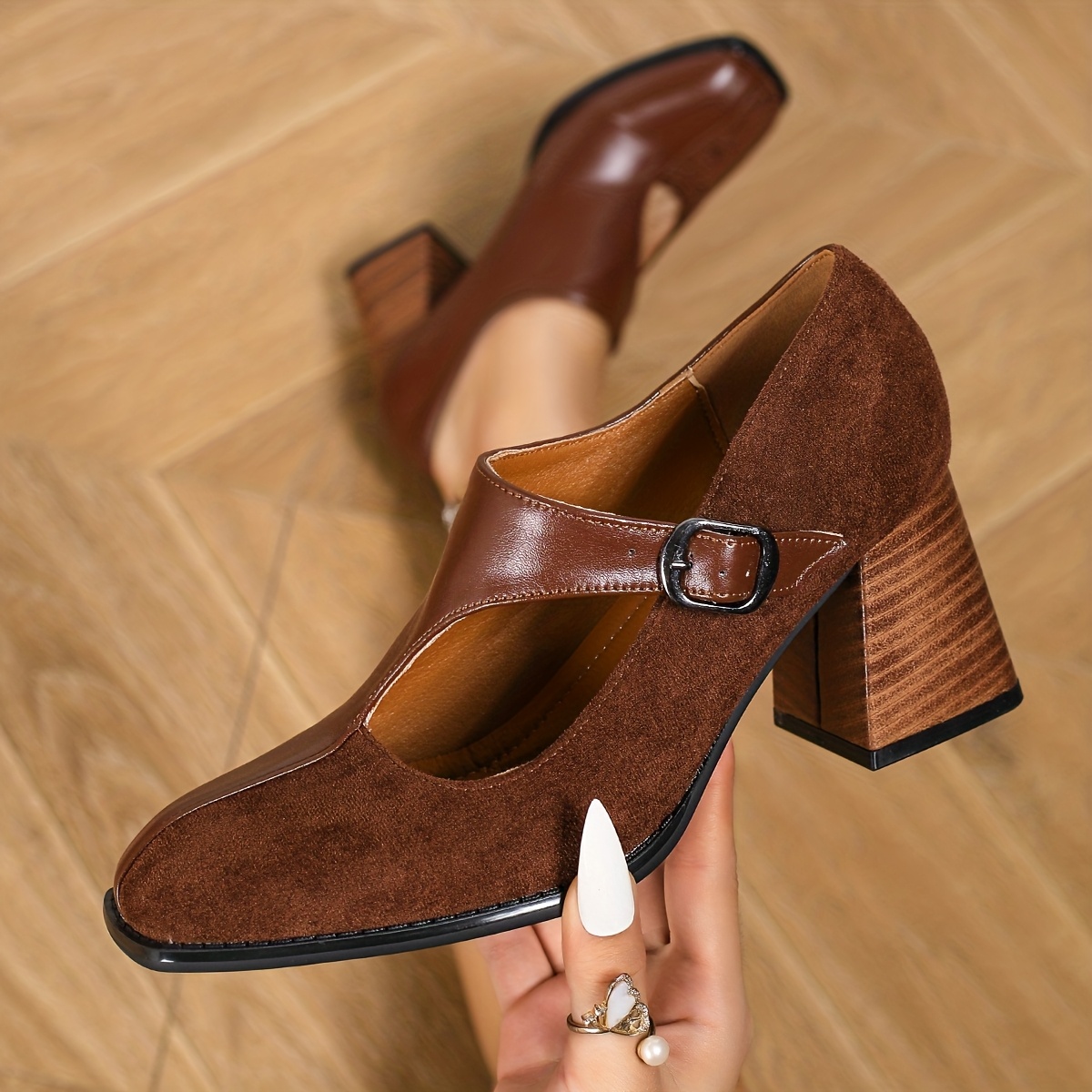 TEMU Fashionable Elegant Women's Influencer Square Toe Chunky Heel High Heels, Comfortable Soft Sole, Plus Size Wide Fit, Creative , With Stable Wood