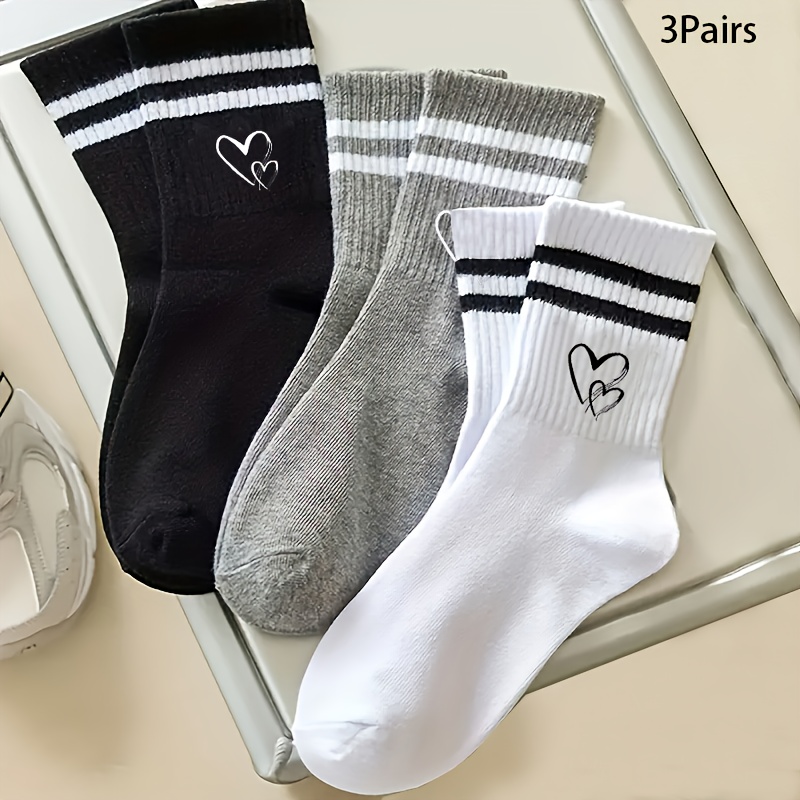 TEMU 3 Pairs Of Stylish Black, White, And Gray Striped Mid-calf Socks With Line Patterns. Soft And Comfortable, Moisture-wicking And Odor-resistant,