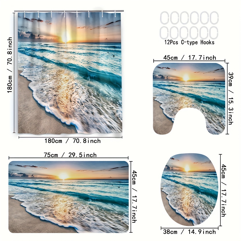 TEMU 4pcs Sunset Wave Bathroom Curtain Digital 3d Printing And Bathroom Curtain Set Bathroom Curtain Non Punching Bathroom Curtain