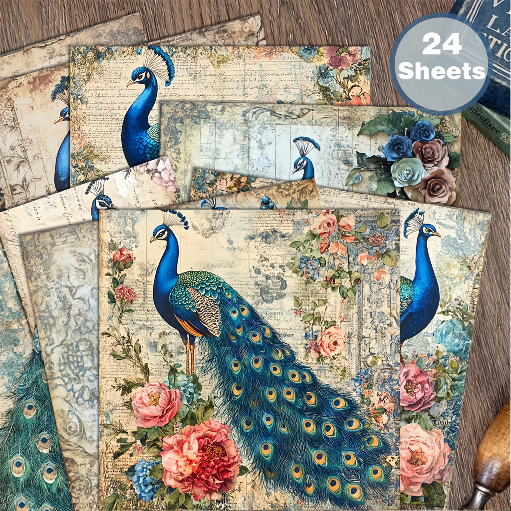 E-shop 24 Blatt Zoll Vintage Blau Pfau Seidenpapier, Scrapbooking und Origami Dekopapier für Collage, Papier, handgemachte Scrapbooks, Journals,