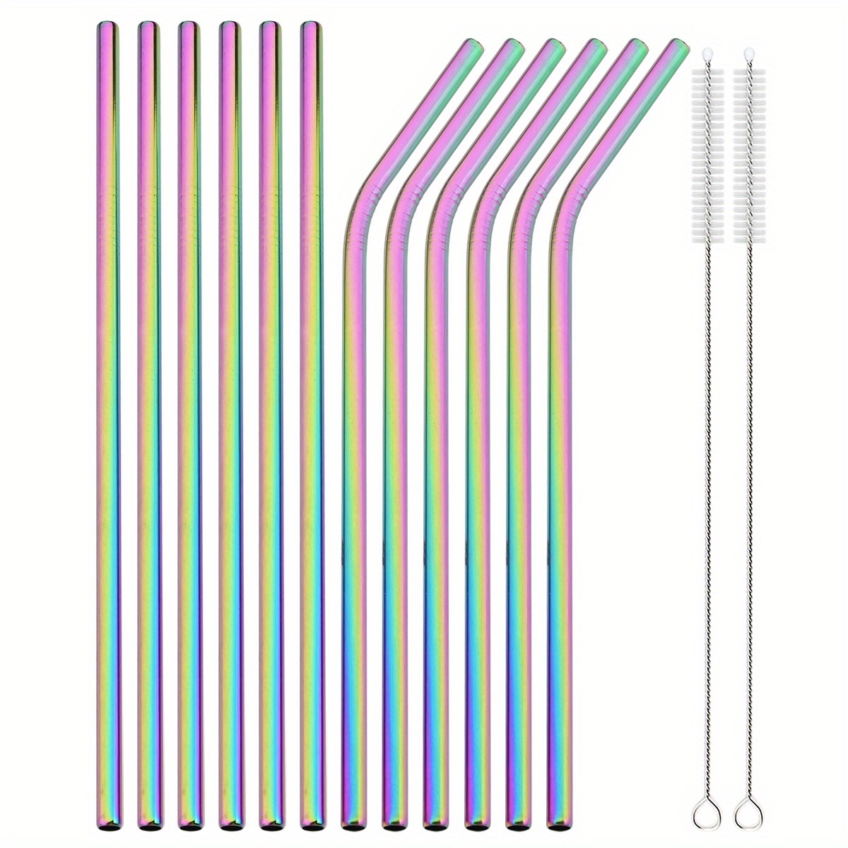 Image of 12pcs Reusable Straw Set, Made Of Durable 304 Stainless Steel, Food-grade With 2 Cleaning Brushes, Suitable For Juices, Smoothies, Milk Tea, Coffee, And Cocktails