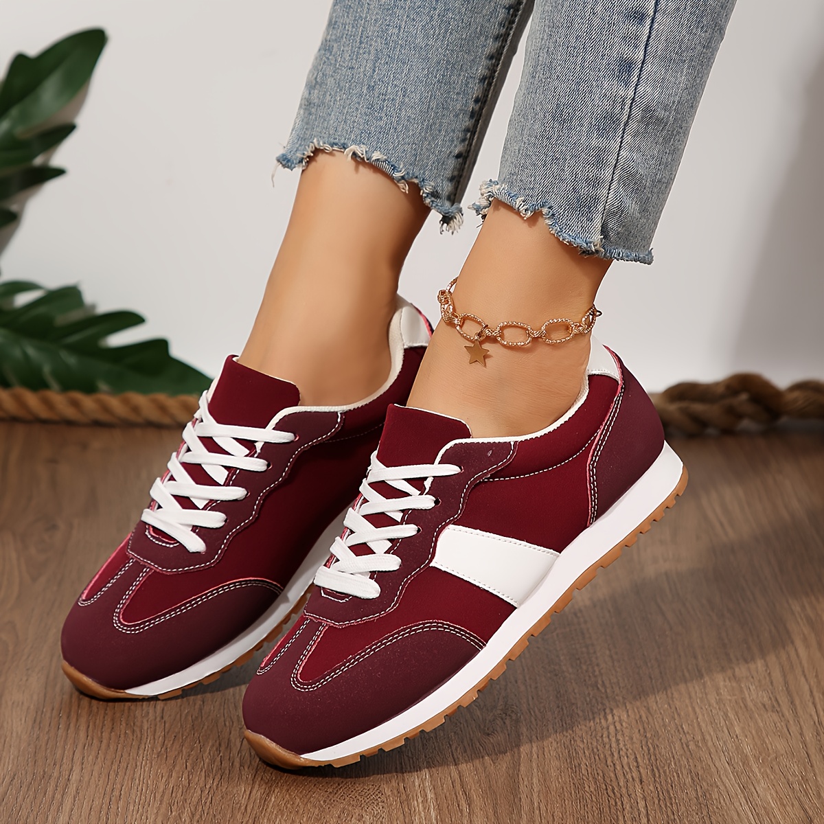 womens low top sneakers   round toe sneakers with arch support cushioned tpr sole synthetic cover upper burgundy white   white laces casual gym casual attire comfortable versatile all purpose shoes 2025 spring autumn   lace up closure breathable fabric lining insole durable tpr sole hand   clean   in burgundy white gym footwear sporty design lightweight construction supportive footwear women Product details 2