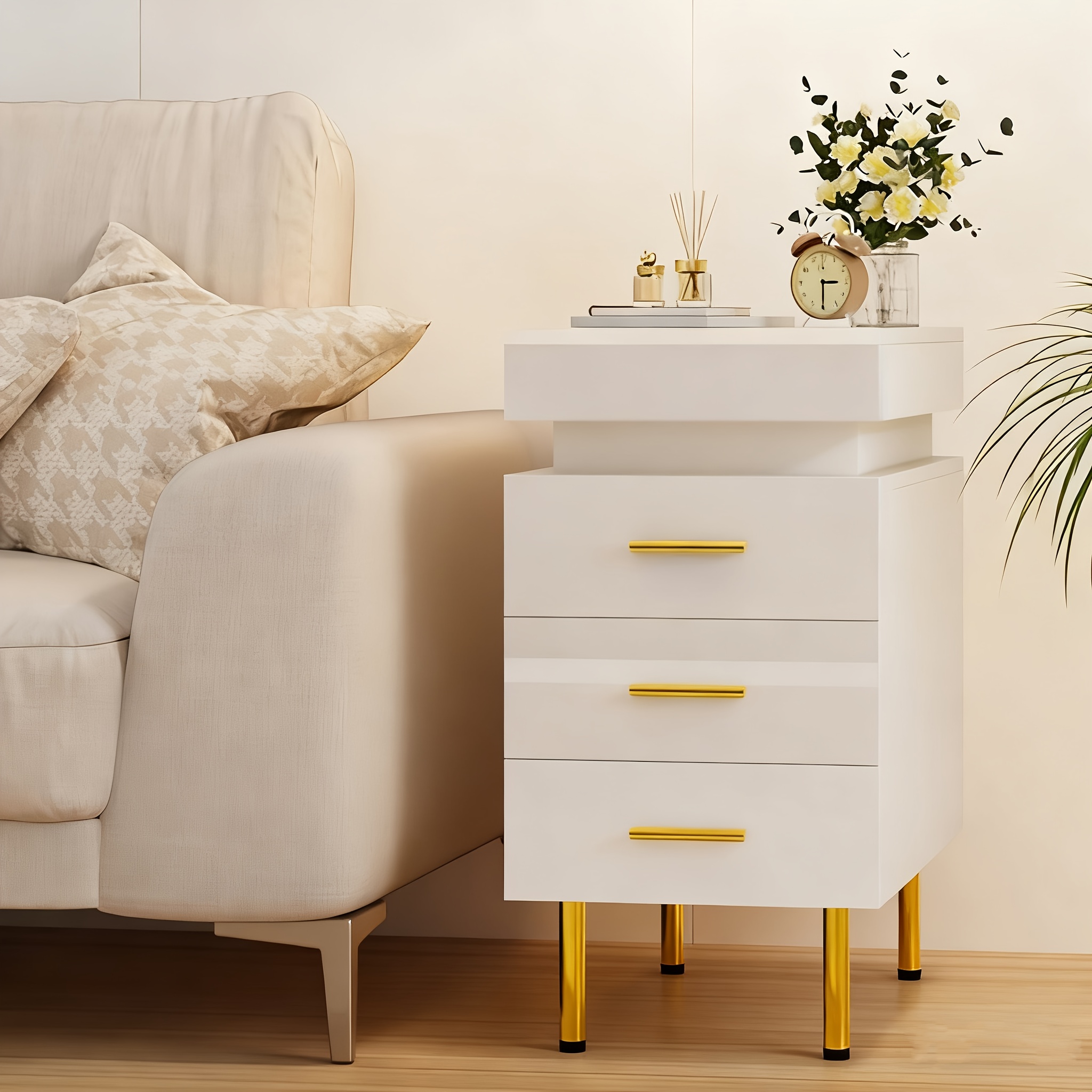 TEMU Nightstand With 3 Drawers, With 1 Privacy , Glossy Nightstand, 35x55x67.5cm Small Space Side Cabinet, Office Side Cabinet, Privacy Storage