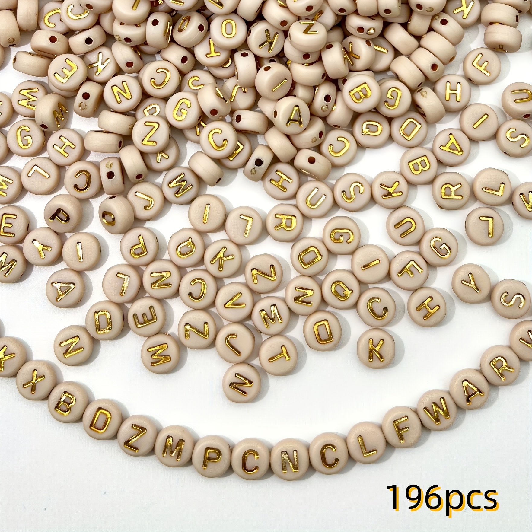 TEMU 196pcs 4X 7Mm Perles Alphabet Rondes Acriliques Marron Clair Curry Clair avec Perles Alphabet Dorées pour la Fabrication de Bijoux Bracelet