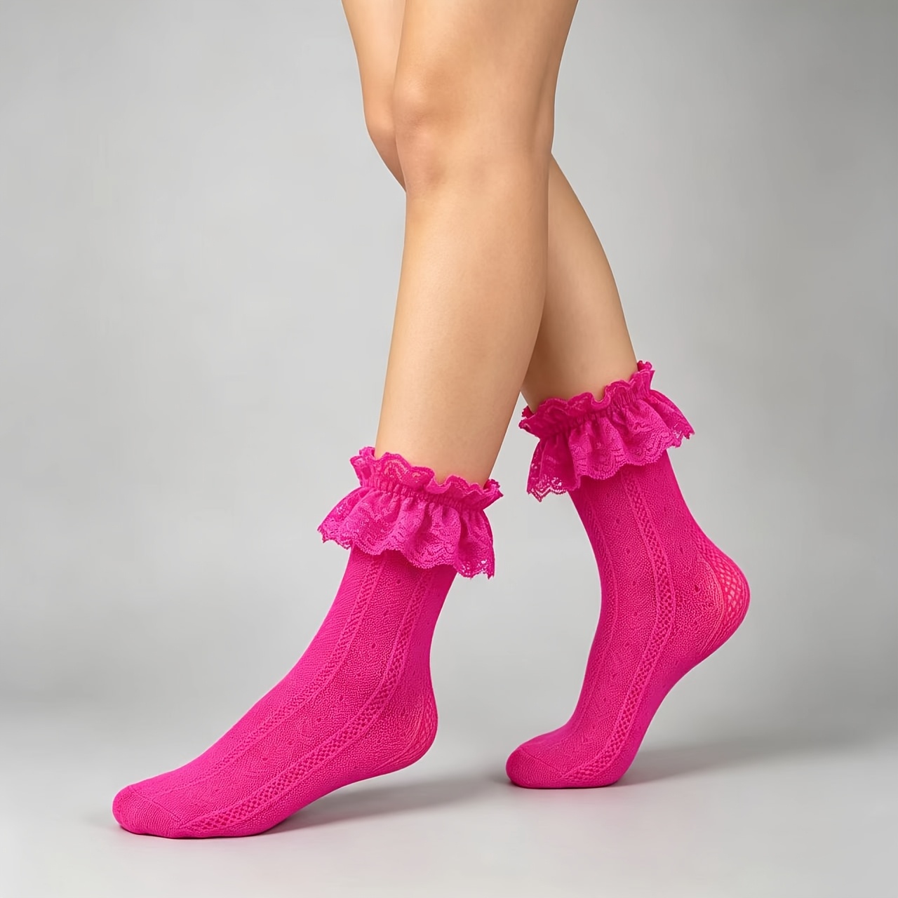 TEMU Chaussettes cheville rouge rose à bordure de dentelle, Bas en ajourée style princesse mignonne, Chaussettes mignonnes à volants pour femme