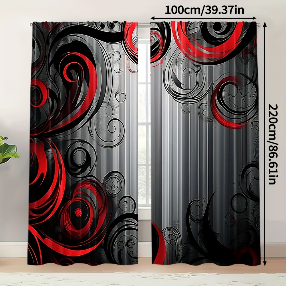 TEMU 2pcs Rideaux Contemporains Noir & Rouge à Motif de Tourbillon - 100% Polyester, Filtrant , Lavables en Machine pour Chambre, Cuisine, Bureau,