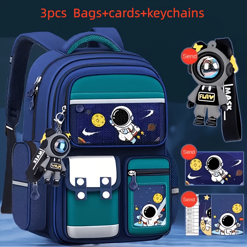 TEMU Série Astronaute de - Ensemble Sac à Dos 3 Pièces, Grand Sac + Porte-Cartes + Porte-Clés, Sac à Dos en Nylon Durable, Sac à Dos à Double