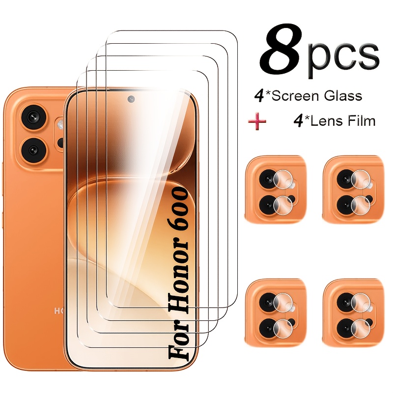 TEMU (8 pezzi) Pellicola in Vetro Temperato per Honor 600, 4 pezzi di Vetro Temperato e 4 pezzi di Protezioni per Fotocamera, Custodia per Telefono,