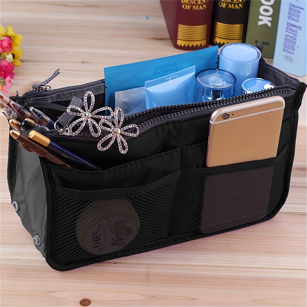 

1pc Elegant Black Multi-pocket Organizer Insert Bag, Large Capacity Zippered Tote With Portable Travel Storage Pouch, Fabric Material, No , Lightweight With Hand Wash Or , Christmas Present