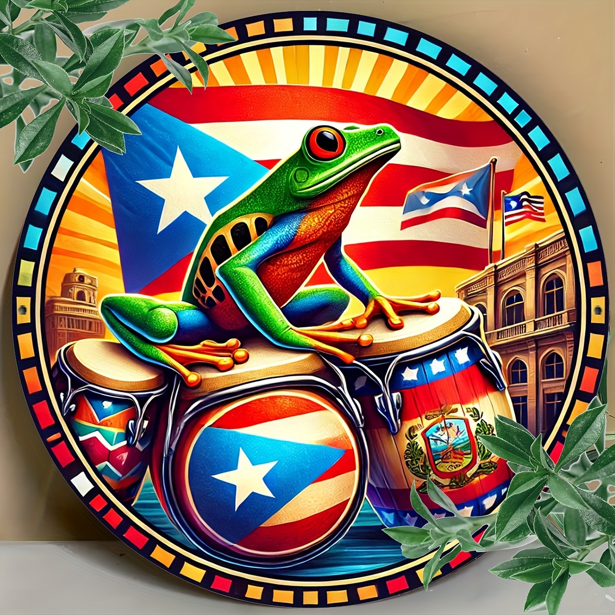 

1pc 8x8 Inch Round Aluminum Foil Engraving Wall Decor - Waterproof, Fade-resistant, No Rust Art Sign With Puerto Rican Flag And Frog For Indoor & Outdoor, Home, Garden, Bar, Cafe, Gallery, Gym, Garage