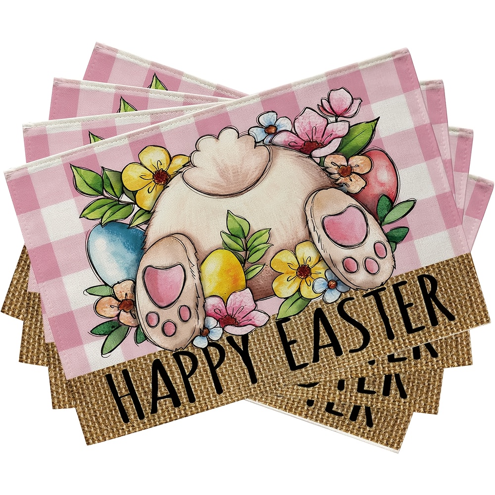 

4pcs Bunny Placemats Set Of 4, Eggs Flowers Pink Check Dining Table Place Mats, Farmhouse Vintage Kitchen Decor Home Decoration 12 Inch