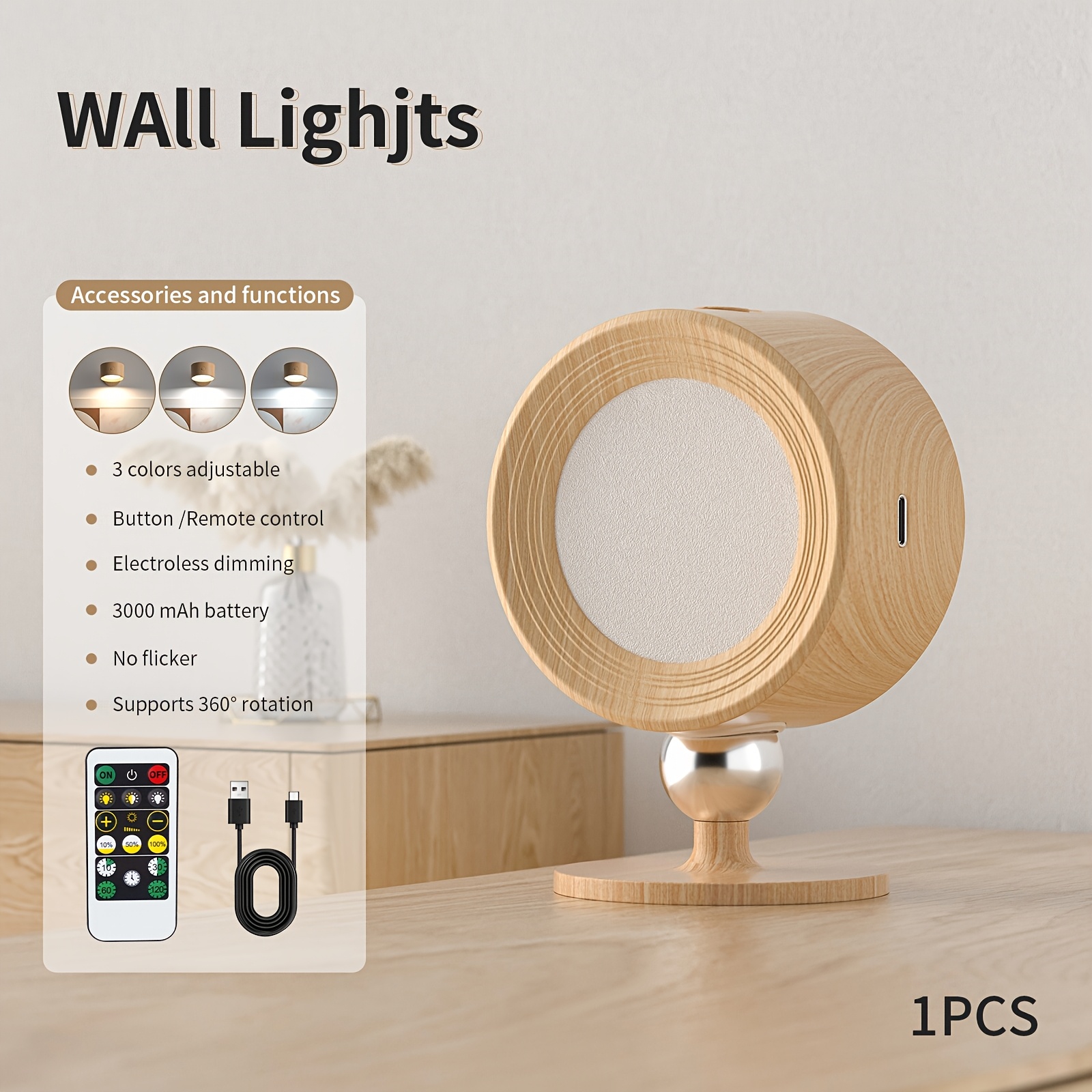 TEMU Adjustable Brightness Led Wall Sconce & Bedside Lamp Indoor - Usb Rechargeable Dimmable Light With Remote, 3 Color (warm/white/cool), For Bedroom/living Room/study Room/pictures/ -