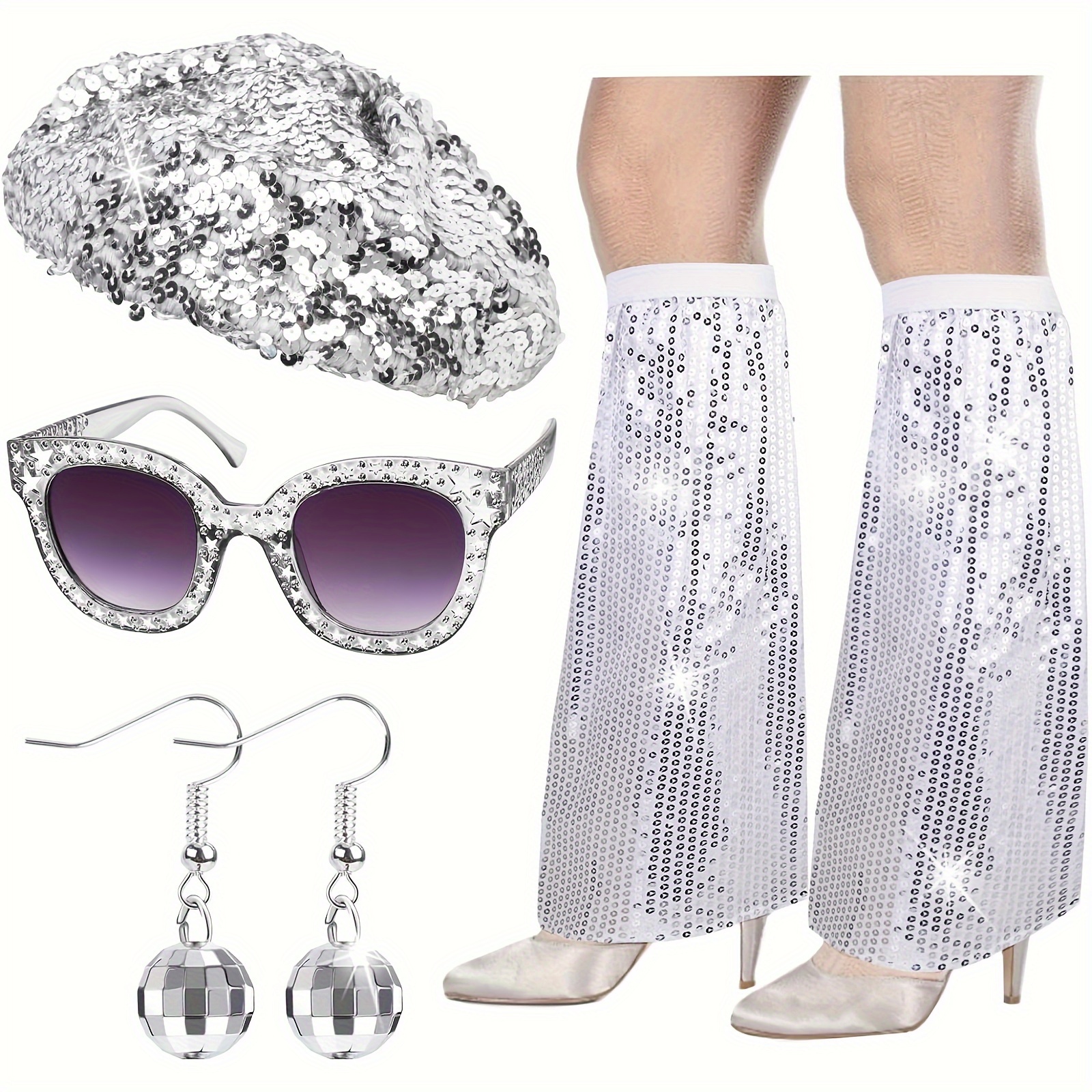 

70s & 80s Disco Party Costume Set For Women - Includes Sparkly Sequin Beret, Leg Warmers, Glasses & Earrings