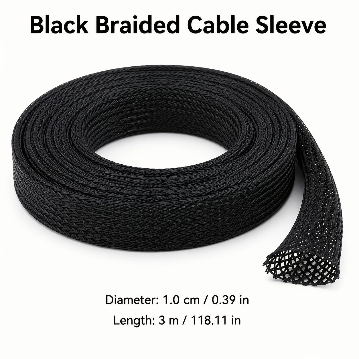 TEMU Black Nylon Braided Cable Sleeve 10mm* - Retractable Cable Management Protector For Computer And Tv Power Cords, Home And Office Wire Organizer