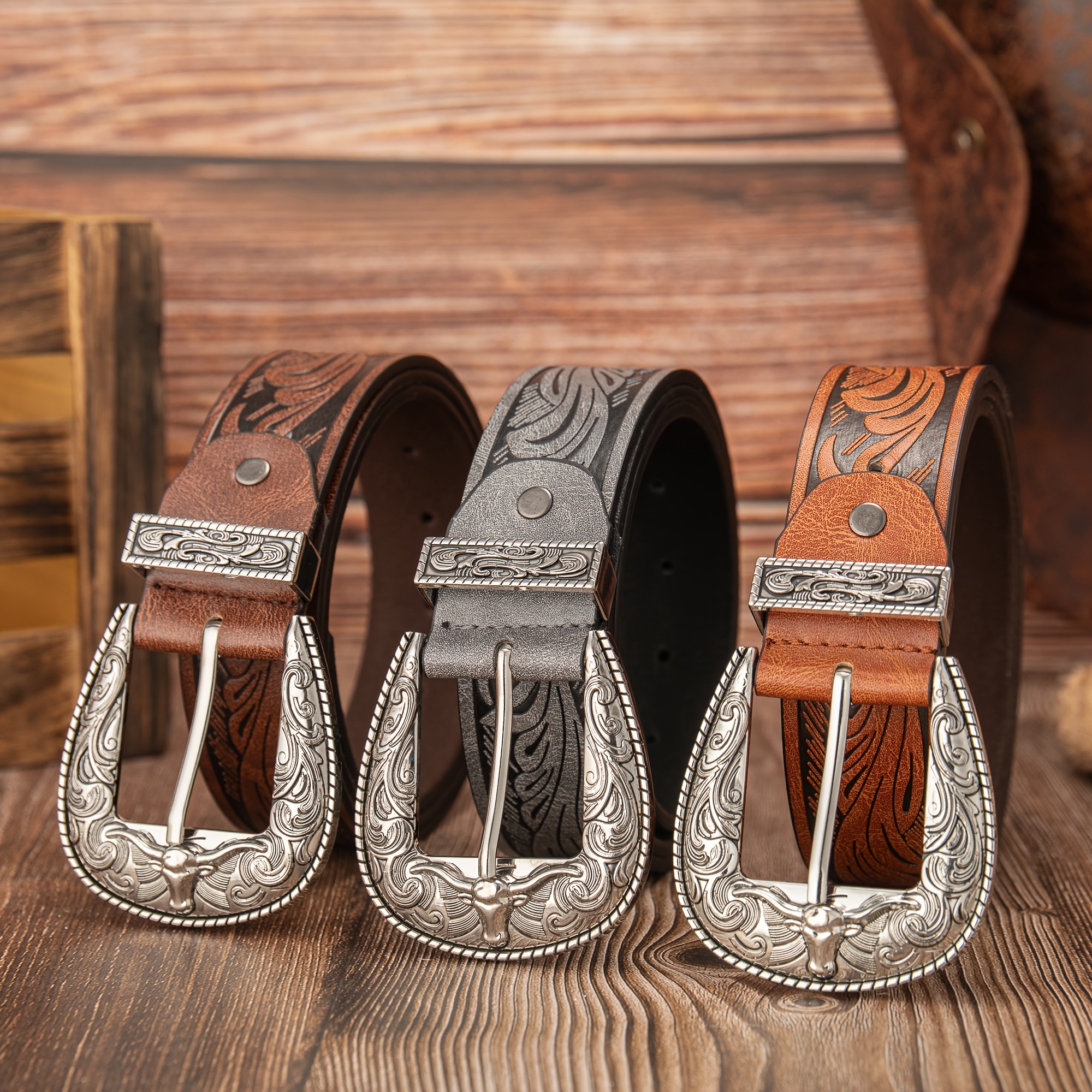 Silvery Cowhead Pattern Button Buckle Retro Casual PU Leather Belt