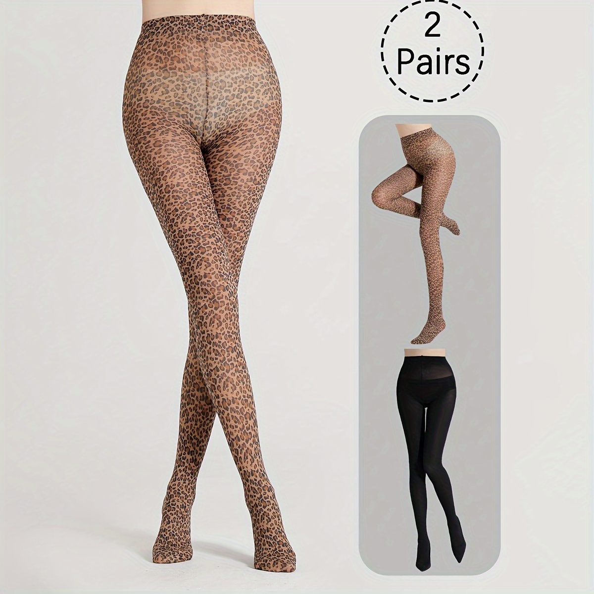 

Women's Elegant High-elastic Nylon Spandex Tights, 2 Pairs Pack, Leopard Print And Solid Black - Machine Washable Knit Fabric Pantyhose