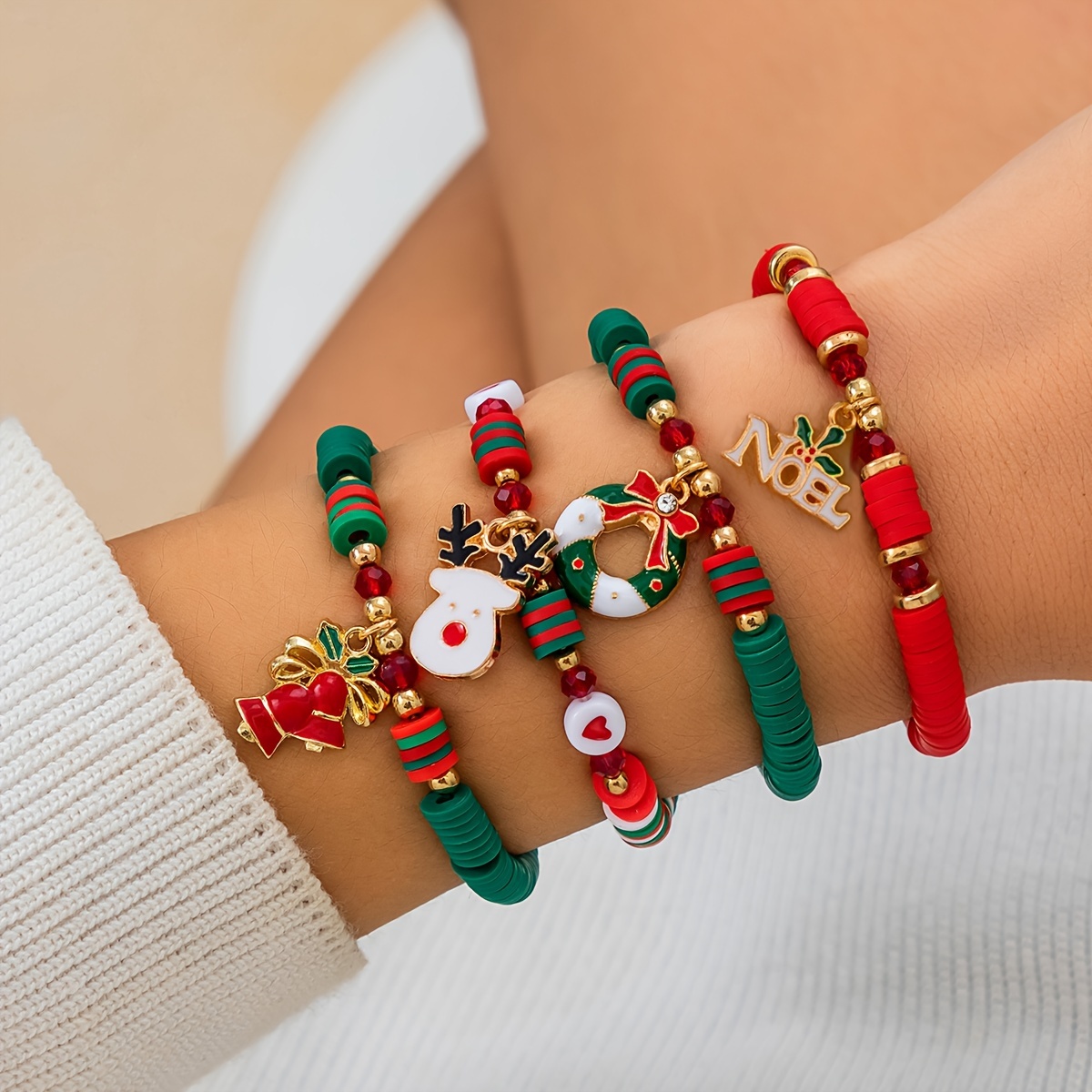 TEMU 4pcs Christmas Bracelet Set - Style Soft Clay Beads & Reindeer Pendants, For Parties & Casual Attire, For Christmas