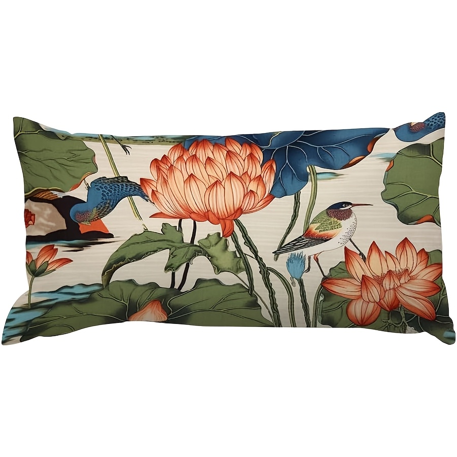 TEMU 1pc, Rectangular Cushion Cover Pistachio Pillow Case For Lotus Pond Bird Cover Abstract Outdoor Garden Decoration For Couch Sofa Bedroom Living