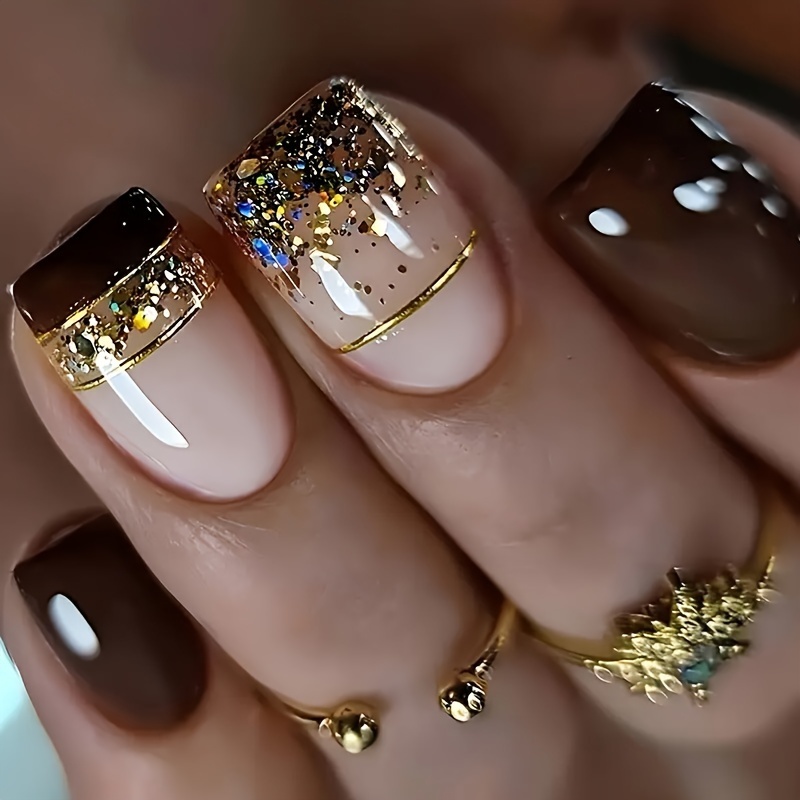 

24pcs Short Square Press-on Nails, Brown & Wearable False Nails, Removable Fake Nails, Matte , Geometric Pattern, Beauty &