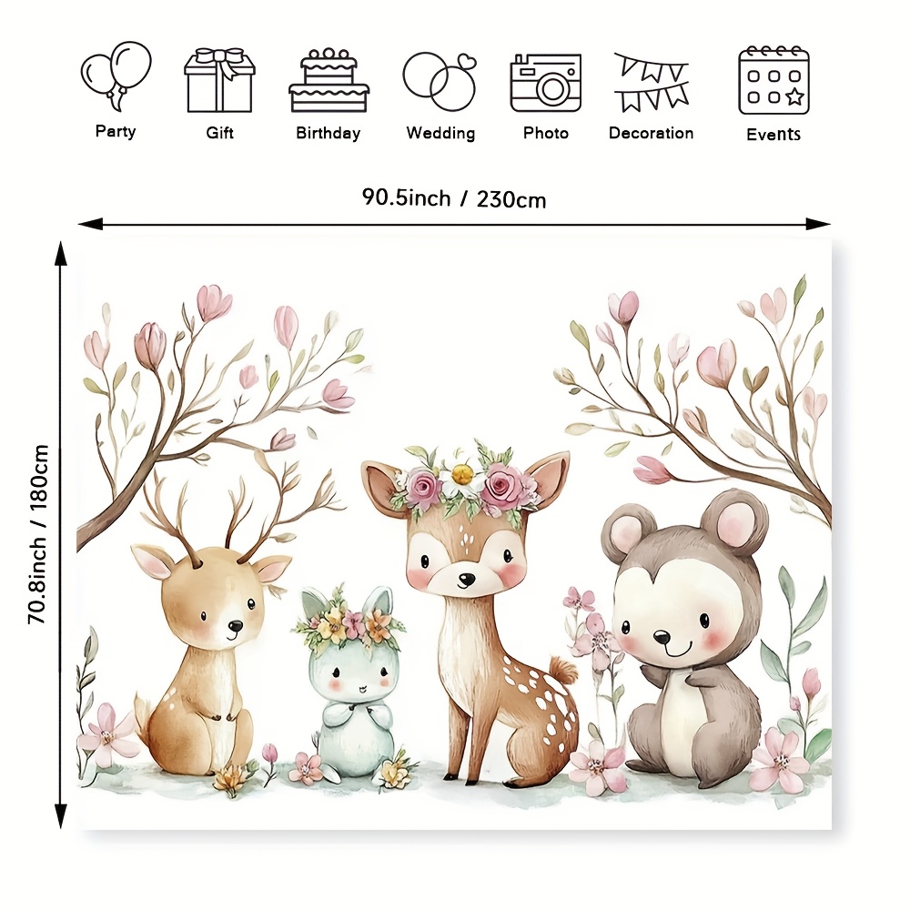 2D Flat, 1pc Boho Pink Woodland Animals Floral Party Backdrop Large 2D  Flat Banner with Deer, Bear Rabbit Design, Polyester Material, No El