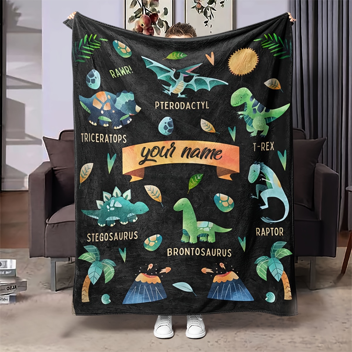 

Custom Cartoon Dinosaur Text Print Blanket - Cozy Flannel, Gift For & Adults