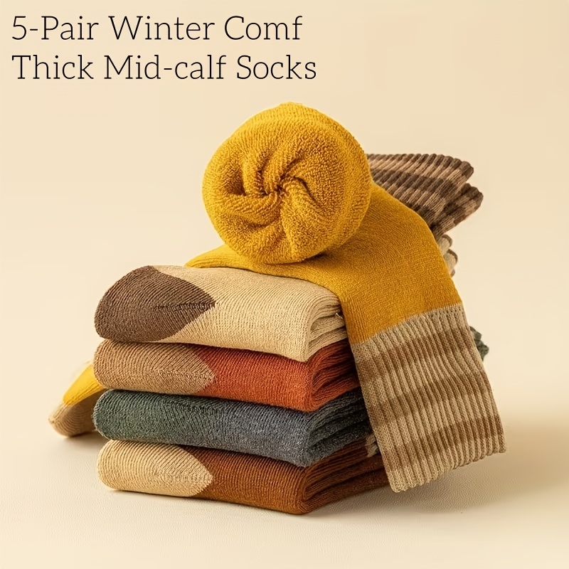TEMU 5 Pairs Of Thick Mid-calf Socks For Men And Women, Autumn And Winter Long-leg Socks, Fleece-lined Socks, Maternity Socks With Stripes, Extended