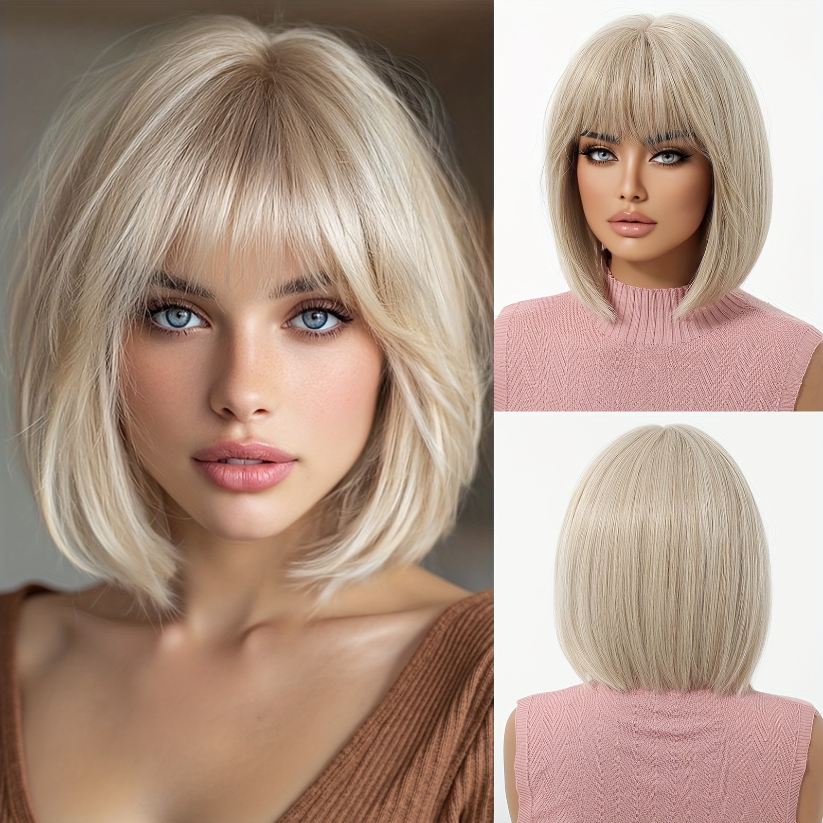 TEMU Elegant White Golden Short Bob Hairstyle Women's Wig 10 Inches New Suitable For Occasions Mechanism Synthetic Wig Rose Mesh Hat Gift