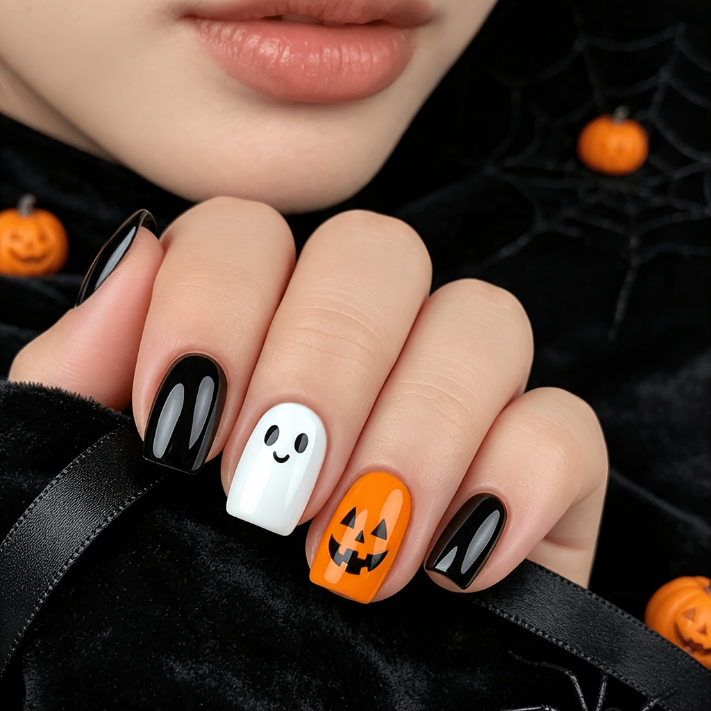 TEMU Orange, , Halloween, Finition Brillante, Taille Moyenne, Carrée, 24pcs, Faux Ongles, Autocollants d'Ongles à Pression, Ongles Y2K, Nail Art