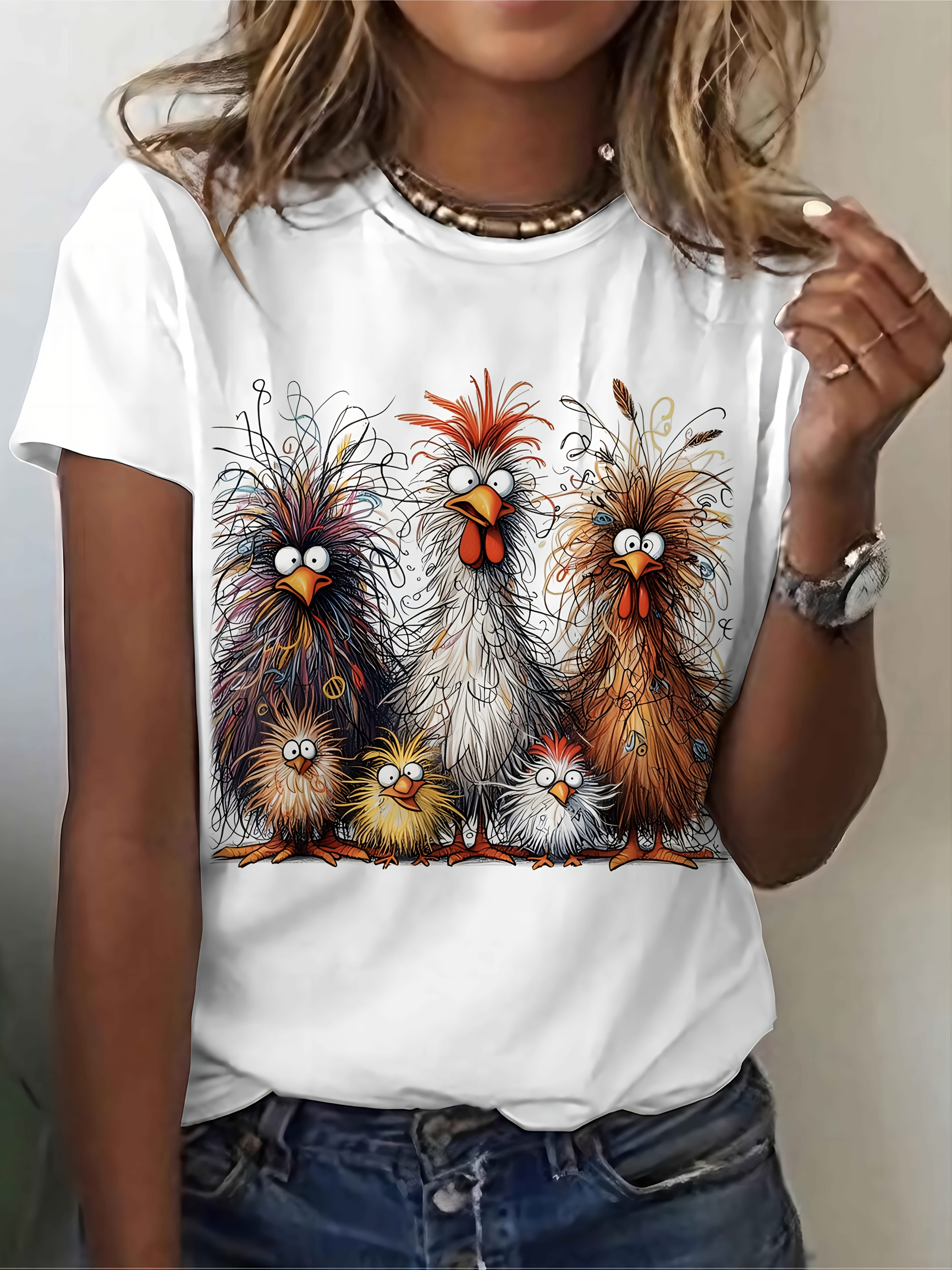 Elegant Cartoon Chicken Print Round Neck T-shirt, Polyester Short Sleeve Crew Neck Top for Women, Casual Summer Gift