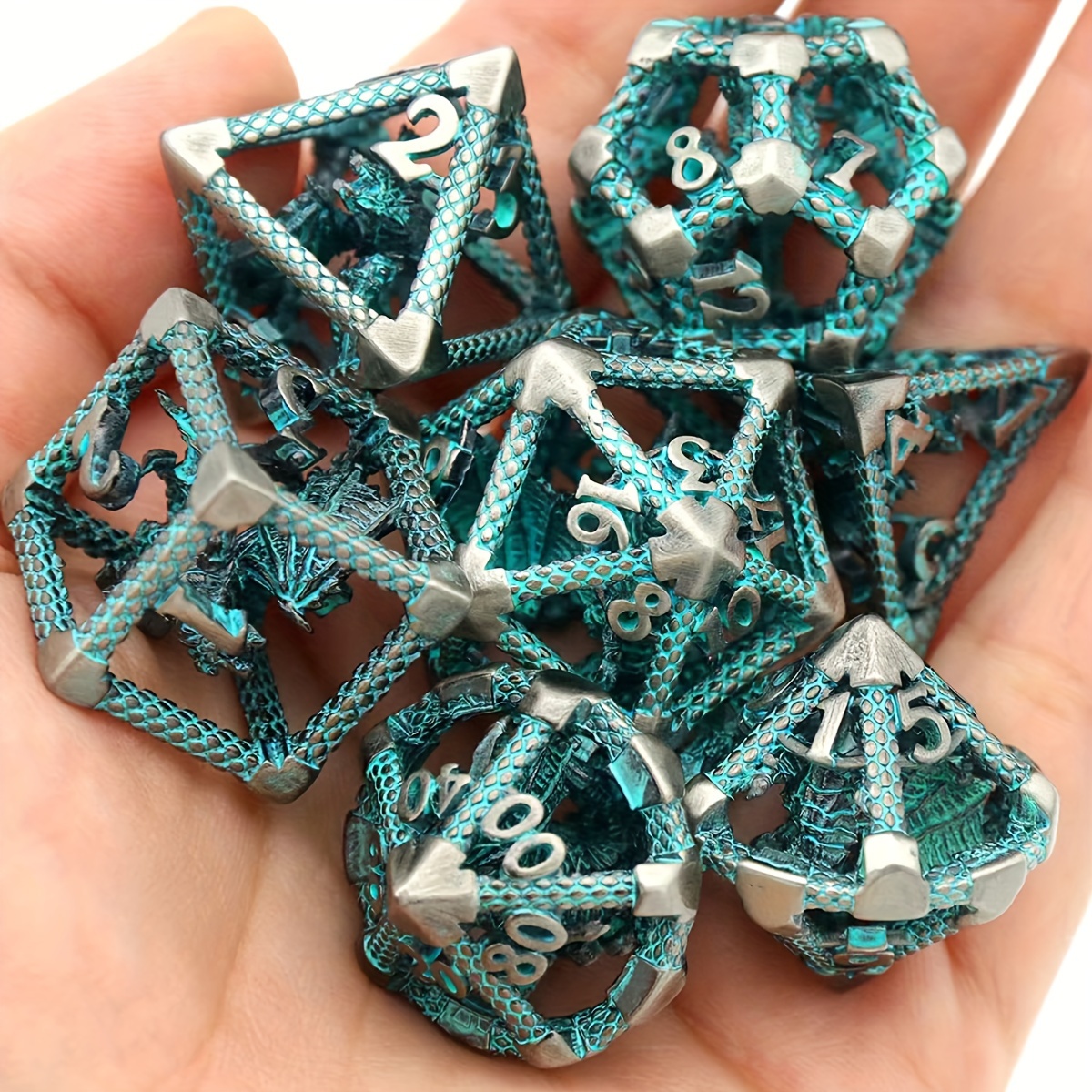 

[popular ] 3d Dragon-themed Metal Dice Set For Rpgs - 20-sided, Copper Hollowed-out Design For Dnd & Board Games