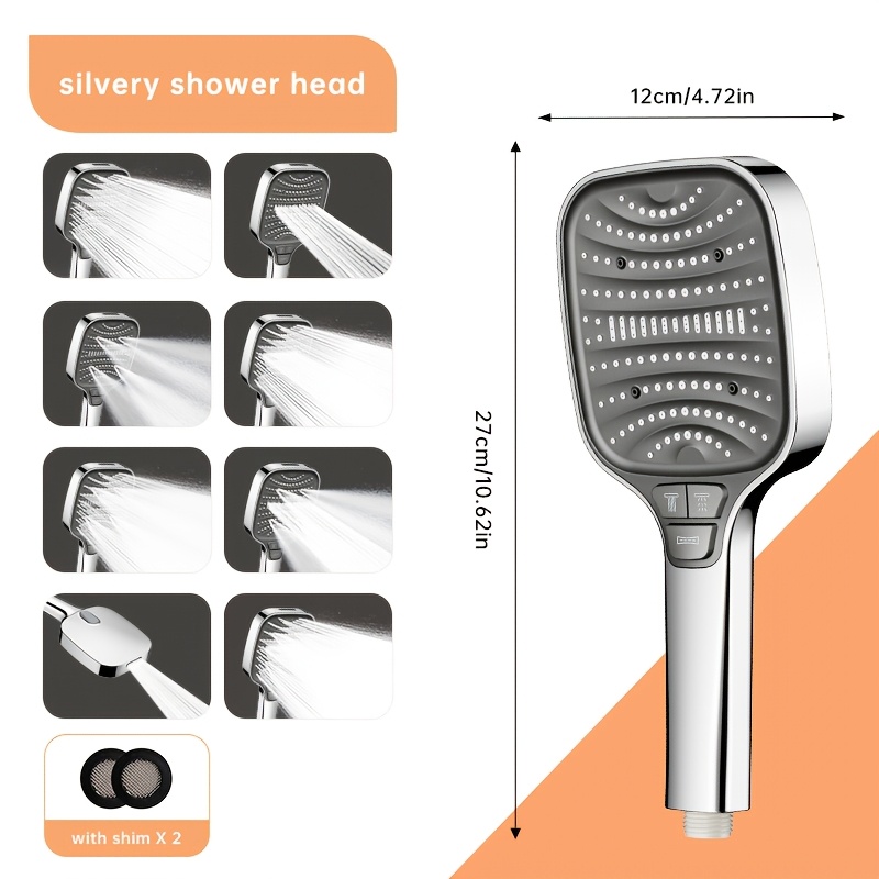Image of [2025 New Product]musurjoy 1pc Powerful Square Showerhead With 8 Shower , Handheld Shower System For The Bathroom, Silvery, Perfect For Summer Showers. For Shower Use Only