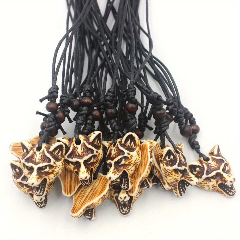 12pc Carved Wolf Head Totem Resin Necklace Set