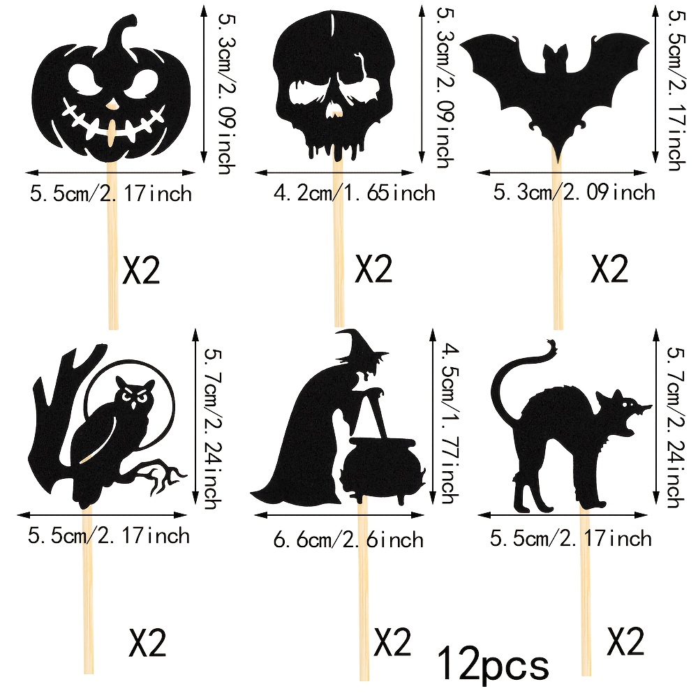 12pcs Glitter Bat, Witch, Owl, And Black Cat Cake Toppers, Suitable For Halloween Party Decorations And Cake Decorating Halloween&christmas