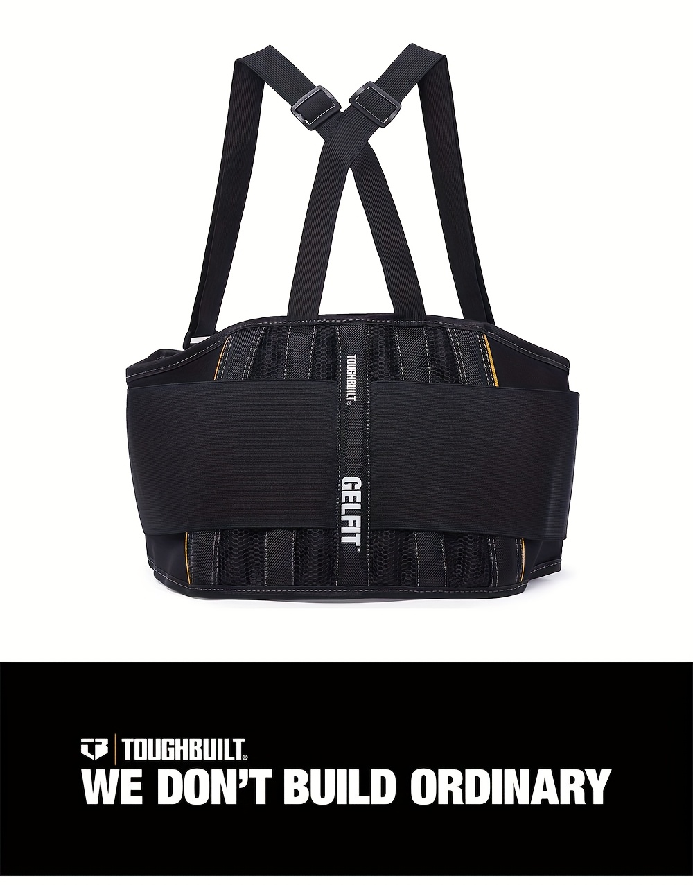 ToughBuilt Back Support Belt With Suspenders – Large, Tapered Abdominal Panels, Quick-Adjust Elastic, Durable, For Construction & Heavy Lifting