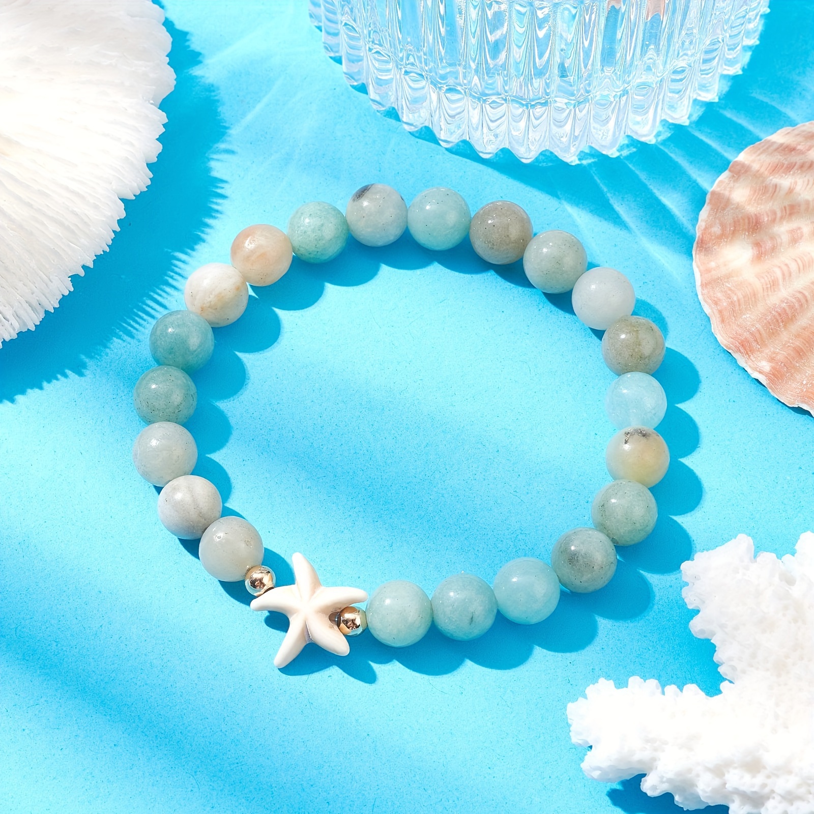 

1pc Ocean Style Amazonite Beads Stretch Bracelet With Starfish Shape Beads Elegant Hand String