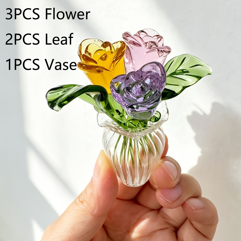 TEMU 6pcs Mini Glass Flower And Vase Set With Mini Roses — Birth Month Bouquet, Suitable For Home Desktop Decoration, Women's Birthday Gift, Mother's