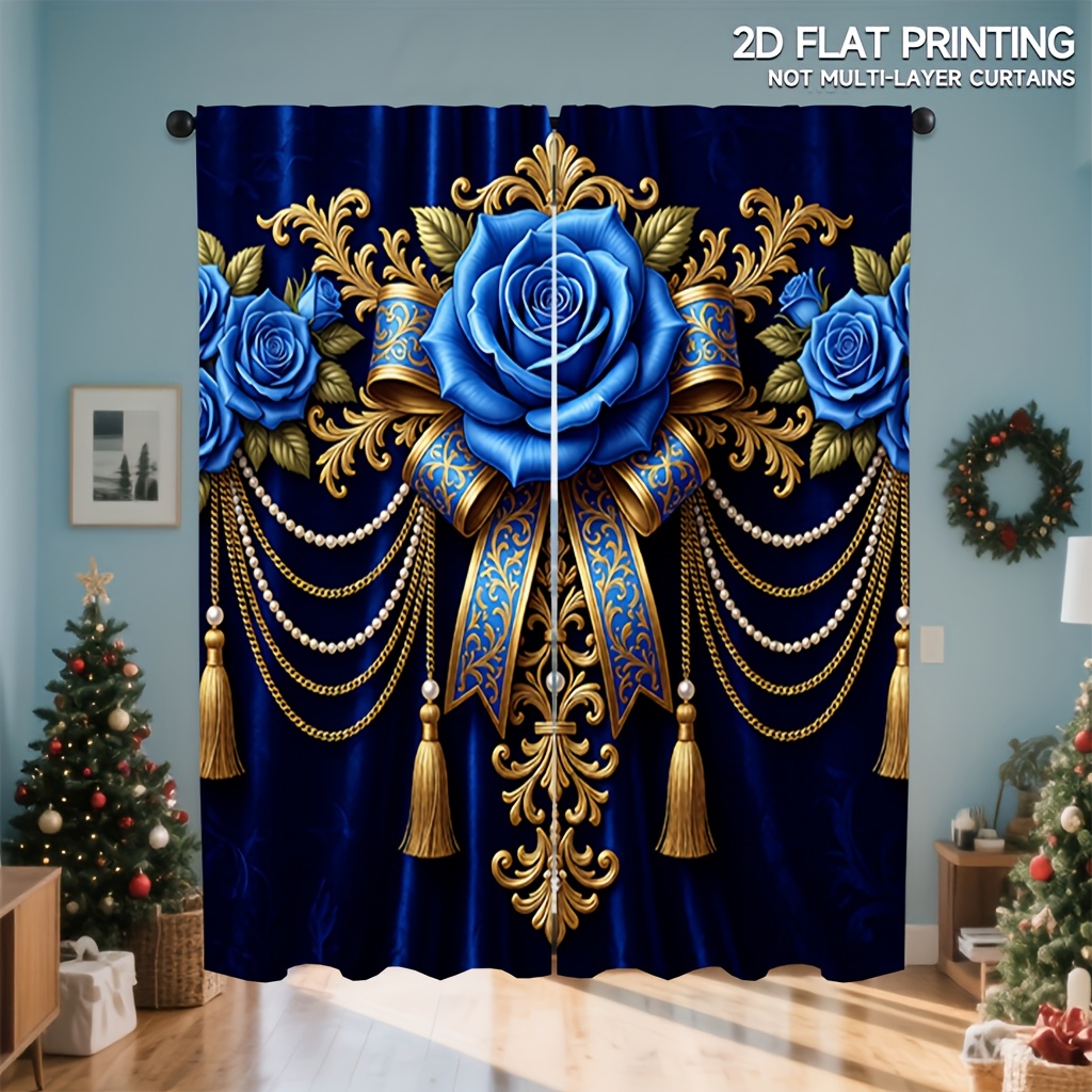 TEMU 2pcs Blue Rose Golden Embellished Printed Curtains, Soft Light Filtering And Privacy Protection, Rod , Suitable For Living Room, Kitchen,