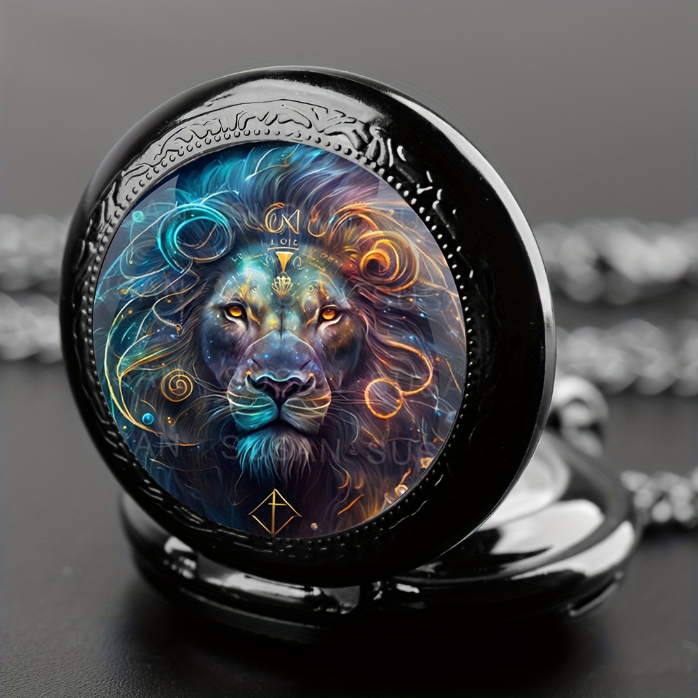 creative fashion lion cool black quartz pocket watch glass dome necklace clock for men 6