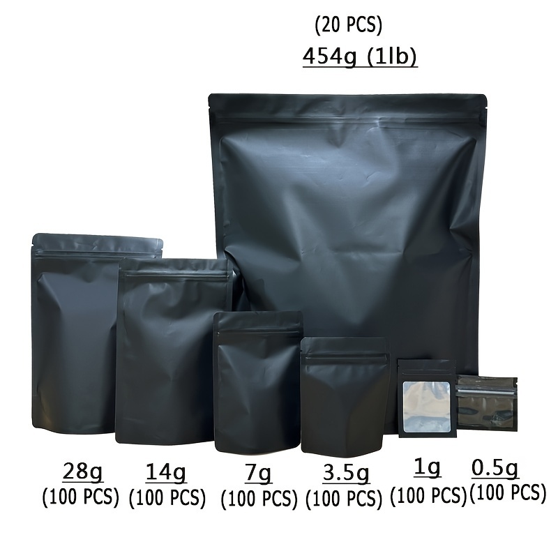 

20/100pcs, 3.5g/7g/14g/28g/454g Bags, 1 Pound Zip Lock Bags Black Matte Color Zipper Bag Smell Proof Pouch Clear Mylar Bag Black Color Pouch Plastic Packaging, Nuts Sealed Foil Wholesale Price