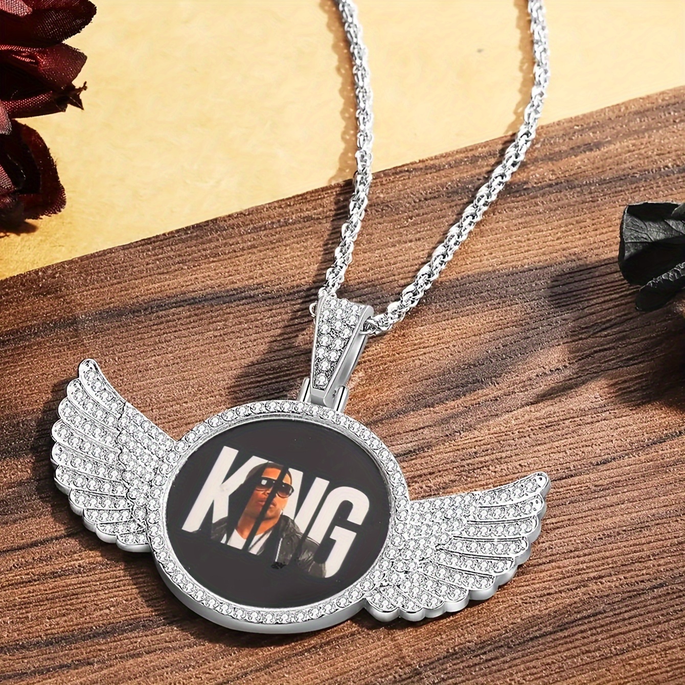 TEMU Customized Photo Necklace With Wings - Personalized Round Photo Pendant Jewelry, Elegantly Designed Alloy Wings Suitable For Casual Attire And