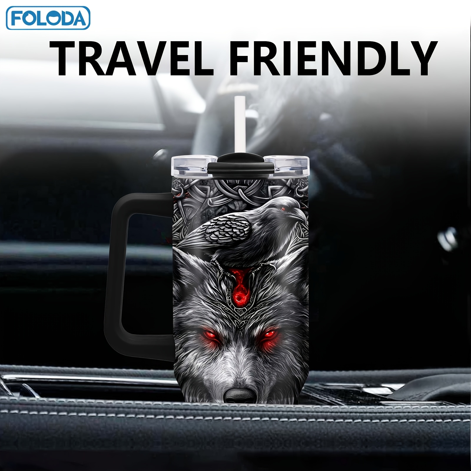 Gobelet Viking Wolf Foloda de 40 oz avec poignée et paille - Tasse de voyage isotherme en acier inoxydable, étanche, cadeau parfait pour les hommes, fête des pères, anniversaire, Noël, tasse de voiture pour l'extérieur, tasse de voyage pour café