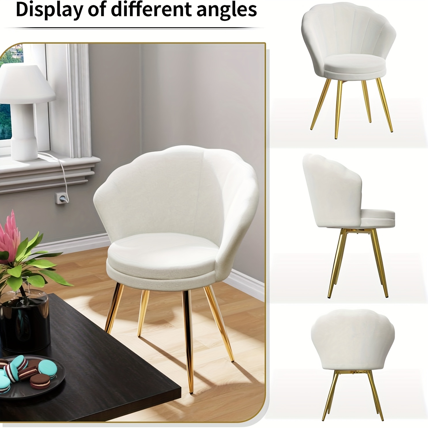 Image of Velvet Armchair Set With Soft Velvet Shell Backrest And Golden Metal Legs For Living Room, Bedroom, Vanity Table In White