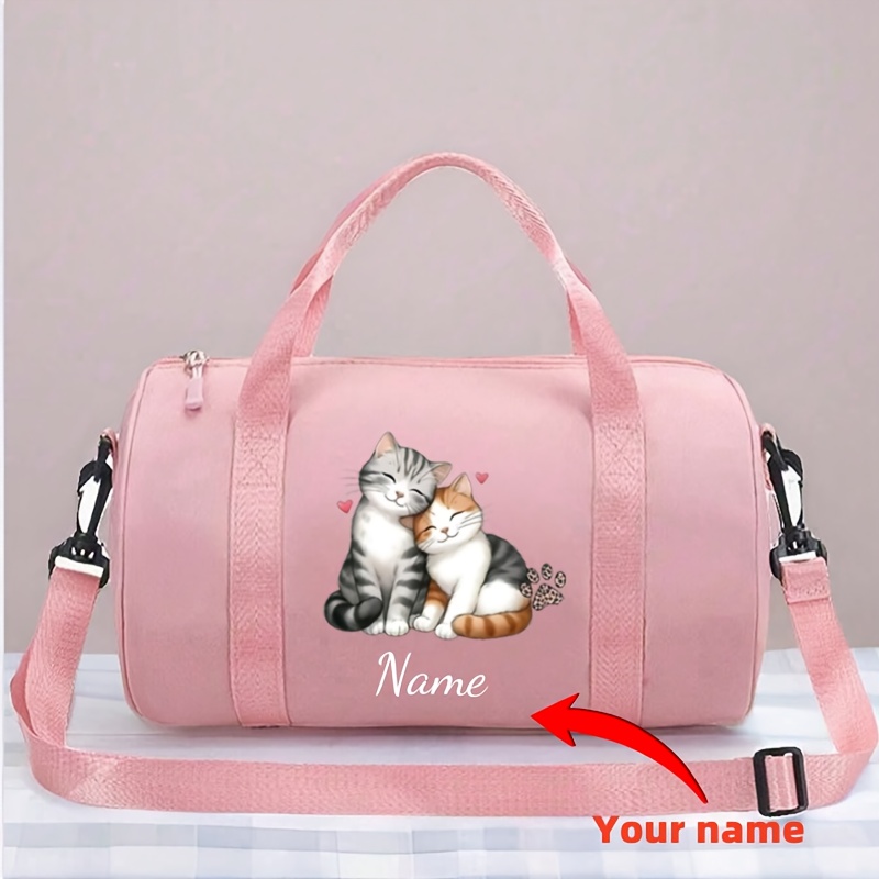 TEMU 1pc Custom Personalized Name Duffle Bag | Cute Cartoon Cat Pattern, Nylon, Large Capacity, Options, Suitable For Shoulder Bag And Luggage, Ideal