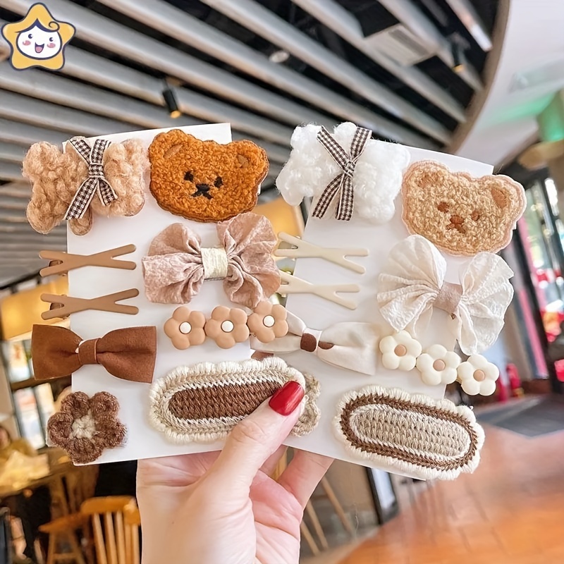 

9-piece Set Cute Fuzzy Cartoon Teddy Bear Hair Clips, Sweet Style Personality Ladies Side Clips, Assorted Flower & Bow Hairpins For Bangs