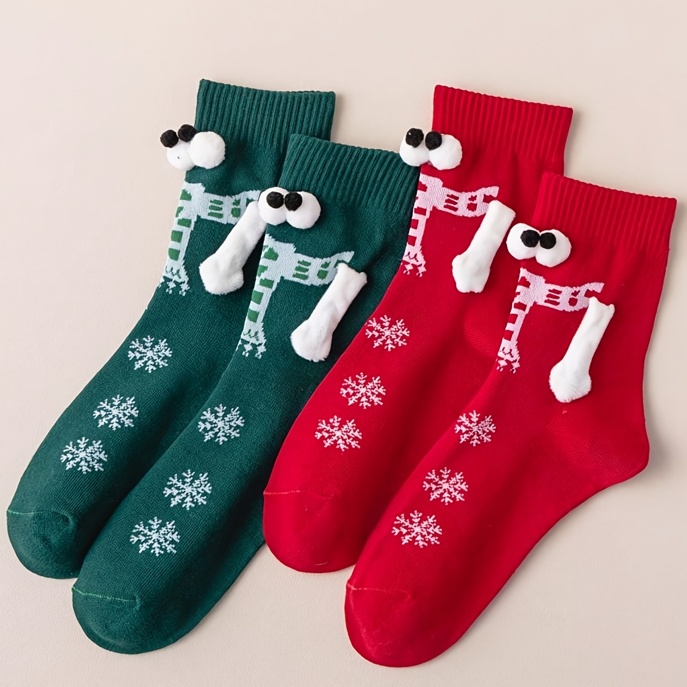 Image of Of Red And Green Christmas Snowflake Plush Magnetic Socks With Eyes, Mid-calf Length, Portable