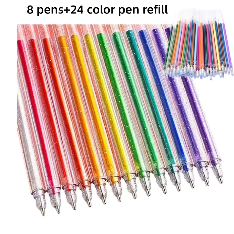 TEMU Lot de 32 pièces : 8 stylos gel + 24 recharges. Stylos gel à paillettes changeant de couleur avec paillettes scintillantes et encre gel étoilée