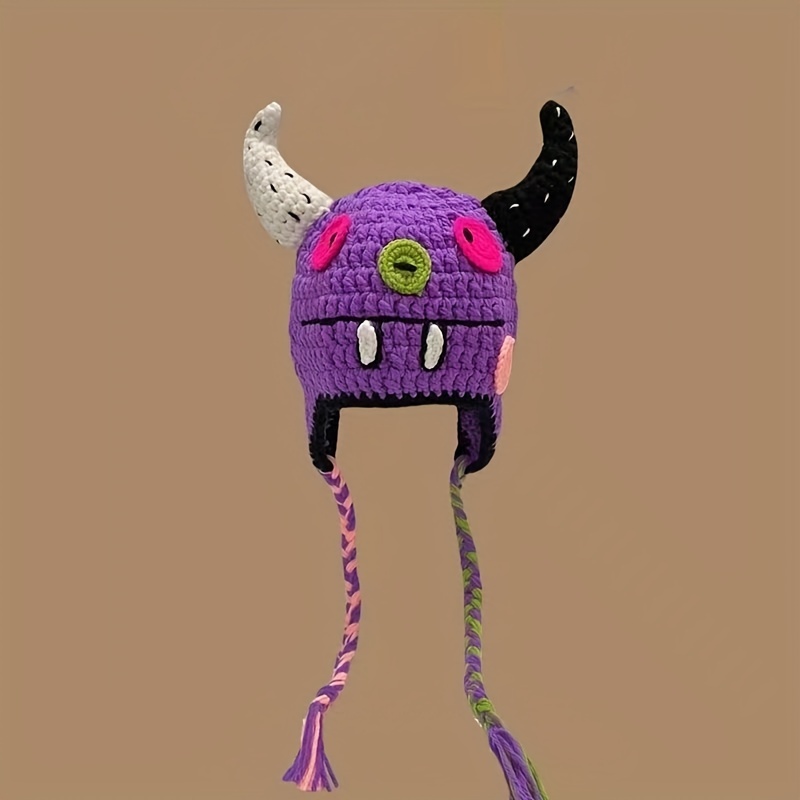 

Handmade Purple Monster Knit Hat With Horns - Cotton Whimsical Winter Cap, Unisex Novelty Beanie With Inelastic Design And Braided Tassels